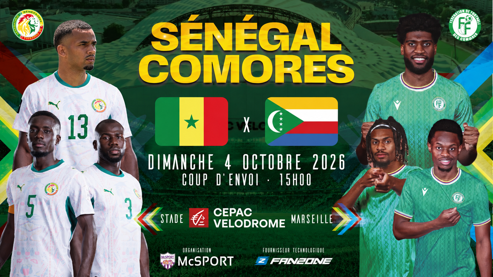 Affiche Sénégal — Comores avec les joueurs, le Stade CEPAC Vélodrome et les drapeaux des deux pays
