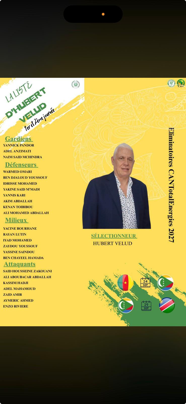 Liste d’Hubert Velud pour les deux premières journées des éliminatoires de la CAN 2027, retranscrite ci-dessus