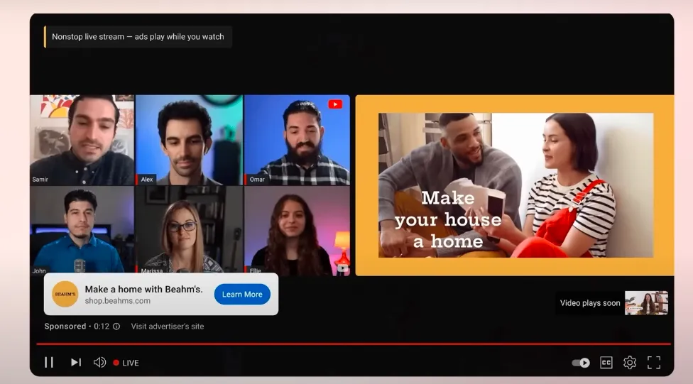 Exemple de publicité intégrée dans un lecteur vidéo pendant un direct